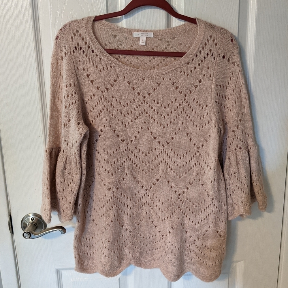 LC Lauren Conrad Crochet Knit 3/4 Bell Sleeve Sweater in Light Pink Size Small